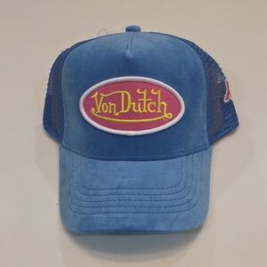 VON DUTCH|Blue Velvet Hollywood Trucker Hat|Pink Logo Patch